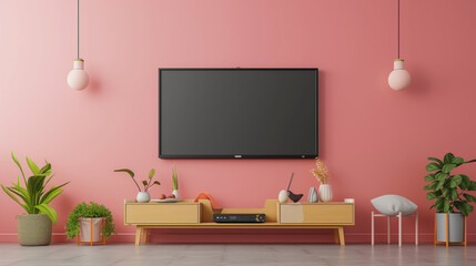 Pastel color peach fuzz wall mounted TV. Interrior design mockup template.