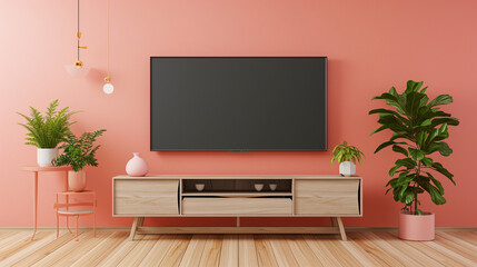 Pastel color peach fuzz wall mounted TV. Interrior design mockup template.