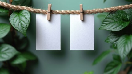  two pieces of white paper hanging on a rope next to a green leafy wall and a pair of wooden clothes pegs with clothes pins attached to the clothes pins. - obrazy, fototapety, plakaty
