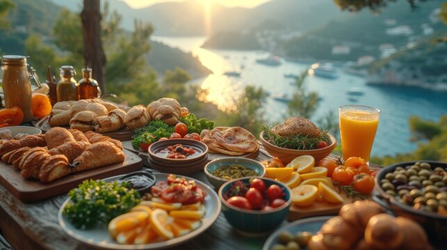  a table full of food with a view of a body of water in the background and a sunset in the middle of the picture, with a glass of orange juice in the foreground.