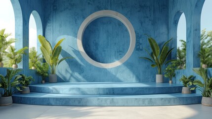  a room with a blue wall and a circular window in the center of the room is surrounded by potted plants and potted plants on either side of the wall.