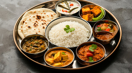 A traditional Indian thali featuring an array of dishes like dal paneer chapati rice and pickles in small bowls on a round tray.