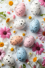 Fototapeta na wymiar Easter Whimsy: Speckled Eggs Amongst a Cascade of Spring Flowers