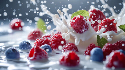 Raspberries and blueberries in a splash of milk