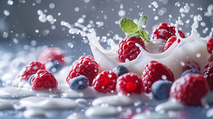 Raspberries and blueberries in a splash of milk