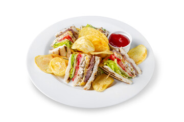 Sandwich with meat and vegetables with potato chips and ketchup on a plate. Isolated.