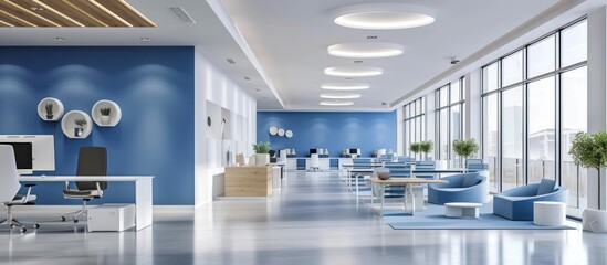 Modern minimalist white and blue color on open space room office interior design. AI generated image - obrazy, fototapety, plakaty