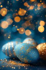 Golden Splendor: Easter Eggs Adorned with Glittering Patterns on a Dreamy Bokeh Background