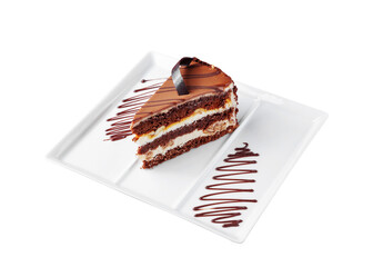 A piece of chocolate cake with white cream. Isolated.