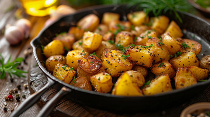 Fried potatoes with spices in a frying pan