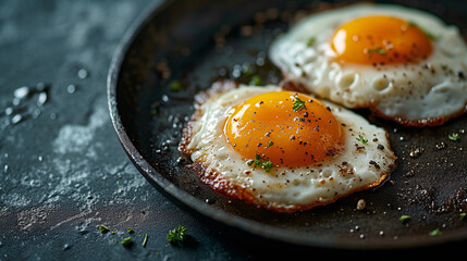 Two fried eggs with spices in a frying pan 