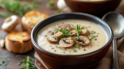 Cream soup with mushrooms in a bowl