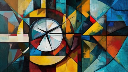 Alarm clock symbol in Cubism style. Abstract concept of time and urgency depicted through geometric shapes and fragmented forms.