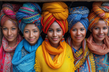 Portrait of young girls in national costumes with turbans
