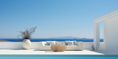 Minimalist greek resort terrace by the sea