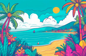 Fototapeta na wymiar Cartoon flat panoramic landscape, sea view with vibrant, tropical motifs, exotic colors combinations, colorful background illustration in1980s retro style, holidays concept