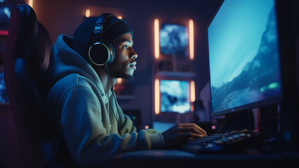 Focused african american male player wearing a beanie and a sweatshirt, sitting in a comfortable gaming armchair in front of a giant computer screen. High quality photo