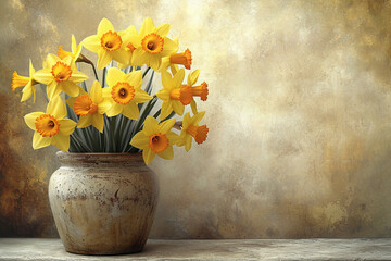 Beautiful yellow daffodils in a clay vase on a brown vintage background. Copy space. - obrazy, fototapety, plakaty