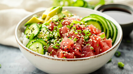 A vibrant bowl of poke featuring diced tuna avocado cucumber and sesame seeds over steamed rice drizzled with soy sauce. - obrazy, fototapety, plakaty