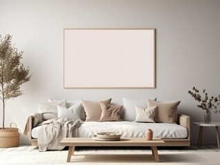 Mock up frame in cozy home interior background, coastal style bedroom, A close-up view of a white canvas encased, interiors