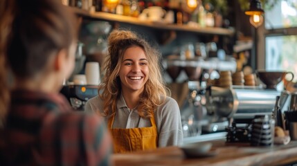 A cheerful barista engaging in conversation with a guest at the bar counter