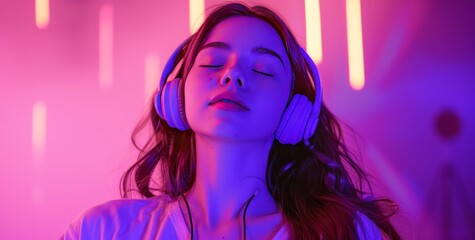 a girl has headphones on and is dancing in front of a purple background