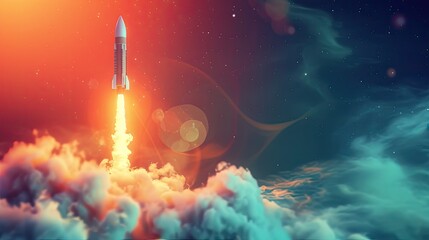 Rocket launching in an abstract environment with clouds and smoke with space for copy
