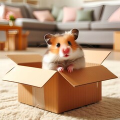 Cute hamster sitting inside a cardboard box looking up in the living room