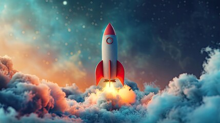 Rocket launching in an abstract environment with clouds and smoke with space for copy