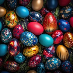 Fototapeta na wymiar collection of brightly colored and intricately patterned Easter eggs. They are arranged in a row and have a black background. The eggs vary in size and are of different shapes.