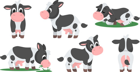 Set of cute cows in different poses and angles.