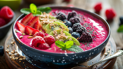 A vibrant smoothie bowl with fresh fruits and superfoods.