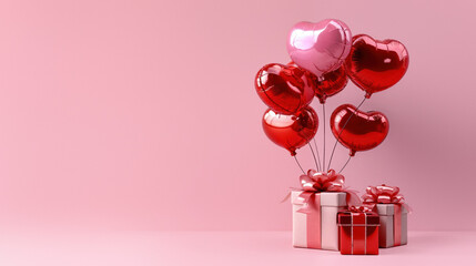 Red and pink heart-shaped balloons tied to gift boxes on a pink backdrop