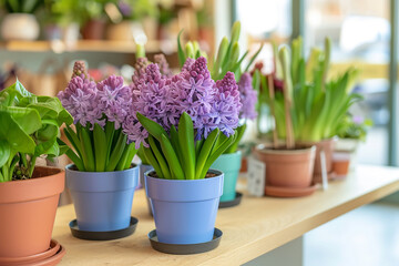 Purple hyacinths in blue ceramic pots in a flower shop.
