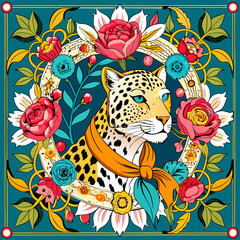 Artistic Reflection of the Wild Spirit: Leopard Print Scarf Adorned with Baroque Florals