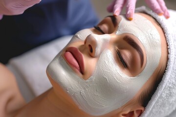 Beauty treatment. Beautician applying facial mask on woman's face. 