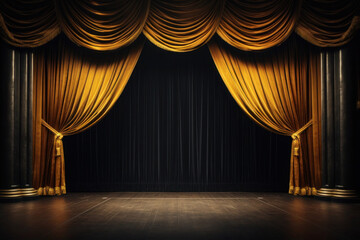 Empty theatre stage with yellow curtain. Stage background with copy space