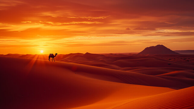 A vibrant sunset over the Sahara Desert with golden sand dunes and a solitary camel silhouette. © Lisa