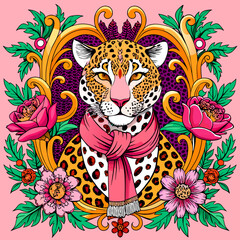  Wild Touch: Elegance of Leopard Print and Baroque Florals on a White Scarf