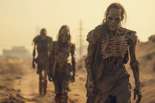 Group of infected zombies roam the desert, Apocalypse scene