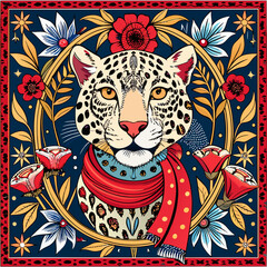  Wild Touch: Elegance of Leopard Print and Baroque Florals on a White Scarf