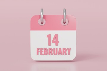 3D Valentine's Day Paper Calendar or February 14 Calendar symbol icon, Notes Reminder, February 14, Valentine's Day Concept. Minimal cartoon icon design concept. isolated pink background 3d rendering.