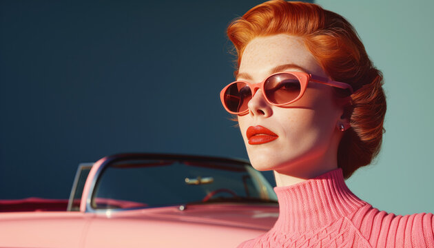 Portrait of a fashion senior woman with red hair in the style of the 1960s, wearing red sunglasses