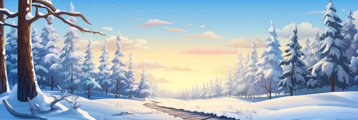 winter forest landscape, panorama in blue and white. cartoon style.