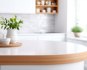 an empty wooden countertop to display your product on a blurred kitchen background.
