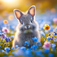 Dwarf rabbit looks directly into the camera, beautiful flower meadow, blue sky   generated ia
