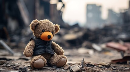 A cute touching teddy bear on a blurred background of destroyed buildings. an abandoned children's toy. bombing, terrorist attack, fire.
