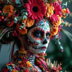 Studio Portrait of Avant-garde Dia de los Muertos woman with Colorful Skull Makeup, High Fashion Outfit with Floral Accents, Contemporary Era