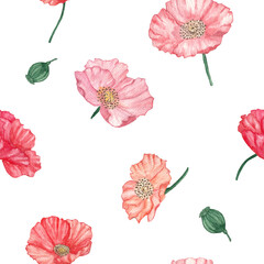 Watercolor Poppies Seamless Pattern. Papaver rhoeas background, floral backdrop for greeting cards, invitations, fabric, and wrapping paper. Floral design element and clipart