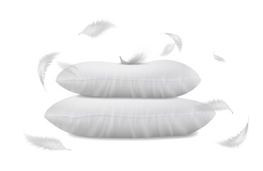 3d realistic vector illustration. Side view white pillows with flying feathers around. isolated on white background. Sweet dreams concept.